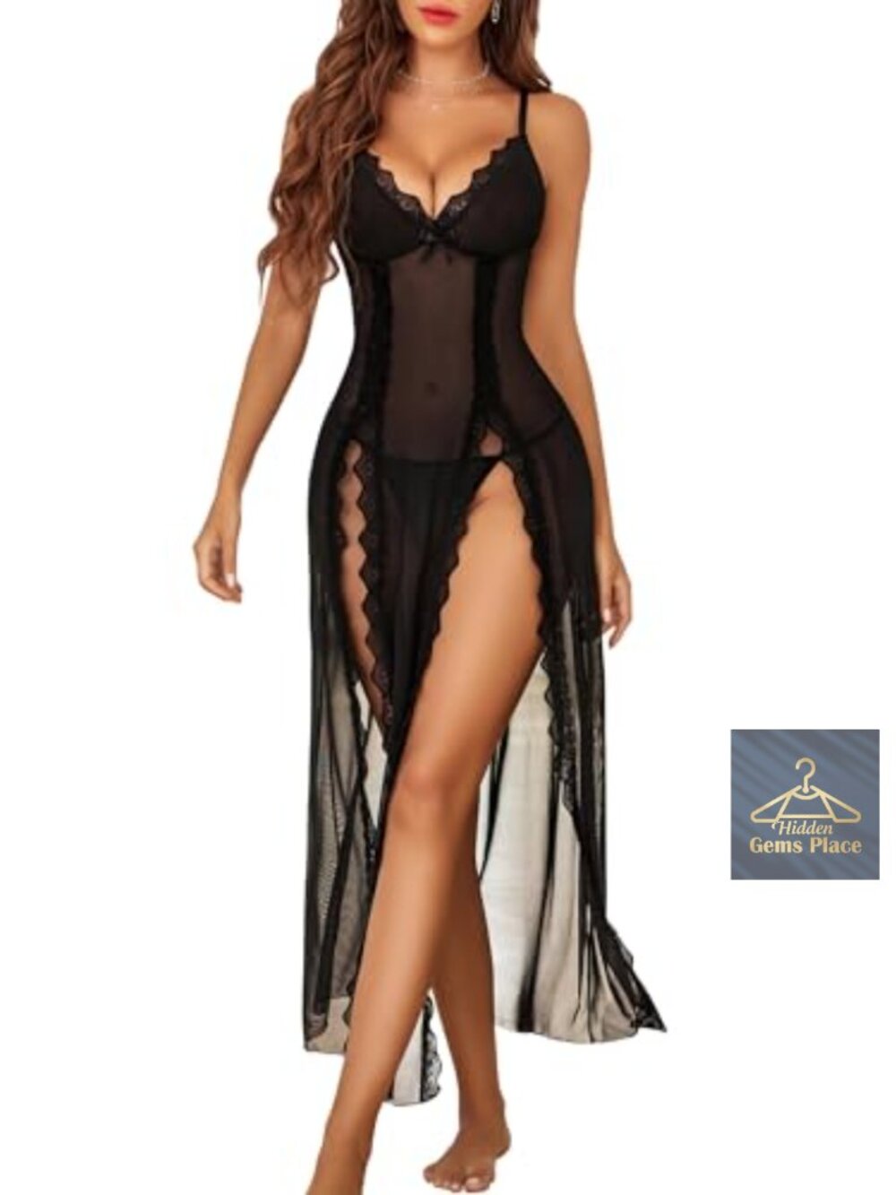 Lace Mesh Babydoll Chemise V Neck Side Split Nightgown Sleeveless